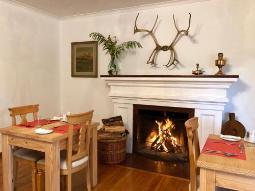 a dining room with a table and a fireplace at Hostería Pionero in Cerro Castillo