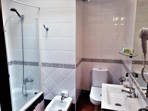 a bathroom with a shower and a sink and a toilet at Hotel las Calas in Agua Amarga