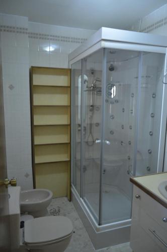 a bathroom with a shower and a toilet and a sink at Casa Los Barranquillos in Lanjarón
