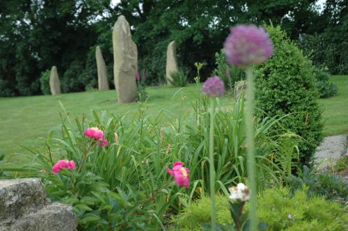 a garden with pink flowers in a graveyard at Chambres d'Hotes Belard in Plonévez-Porzay