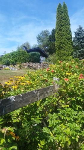 a wooden fence in a field of flowers at Ferienhaus-4Seasons in Gönnersdorf