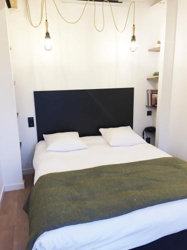 a bedroom with a large white bed with a black headboard at Aux Terrasses in Tournus