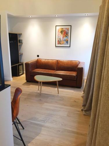 a living room with a brown couch and a table at Aux Terrasses in Tournus