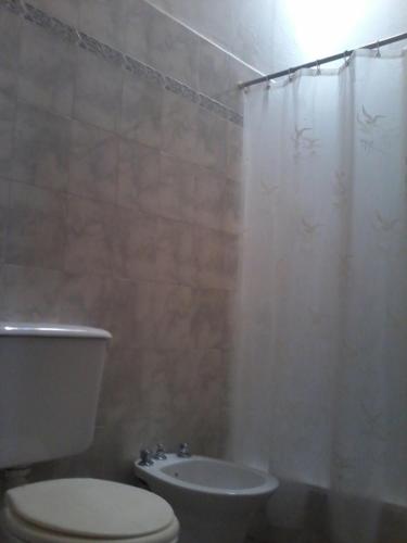a bathroom with a toilet and a shower curtain at La Casa de Ana in Bialet Massé