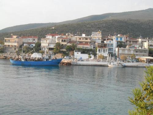 um barco azul em um corpo de água com casas em To Pithari em Skala Marion