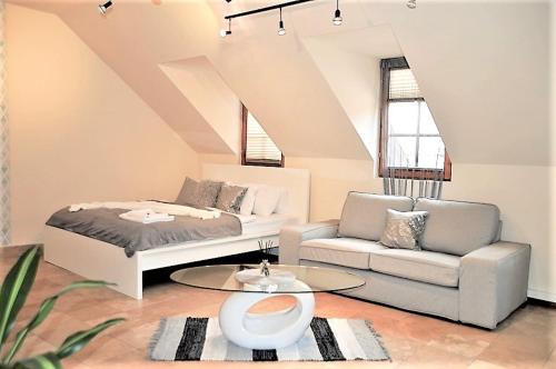 uma sala de estar com um sofá e uma mesa em Downtown Apartments DeLuxe em Győr