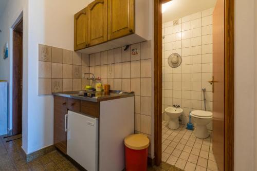 uma pequena cozinha com um lavatório e um WC em Apartmani Milan em Crikvenica