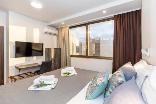 Televízia a/alebo spoločenská miestnosť v ubytovaní Apinelo Tower Rooms