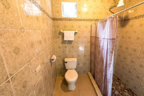 a bathroom with a toilet and a shower at Los Tucanes Lodging in El Castillo de La Fortuna