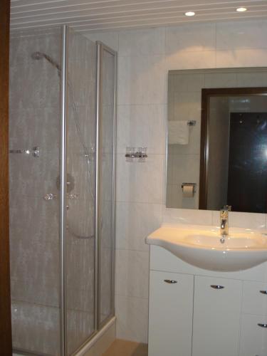 a bathroom with a shower and a sink at Hotel Rebstock in Ohlsbach
