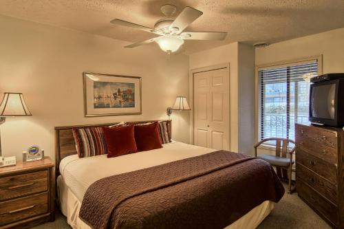 a bedroom with a bed with a ceiling fan and a television at 209 Pointes North Inn in Charlevoix