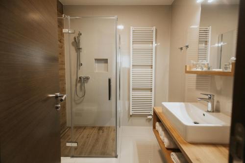 a bathroom with a shower and a sink at Hotel Zelenkrov in Čepin