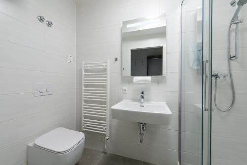 a bathroom with a toilet and a sink and a shower at Motel24seven in Bruck an der Mur