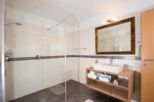 uma casa de banho com um lavatório e uma cabina de duche em vidro. em Hotel Gasthof Weiherbad em Villabassa