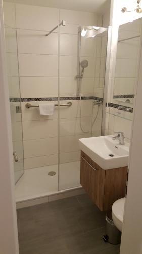 a bathroom with a shower and a sink at Appartementhaus Wimmerhof in Bad Füssing
