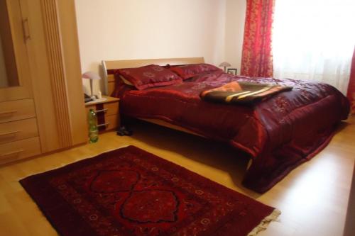 een slaapkamer met een bed met een rood dekbed en een tapijt bij Privatapartment Henschel in Hannover