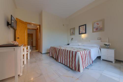 a bedroom with a large bed and a television at Hotel Torre De Los Guzmanes in La Algaba