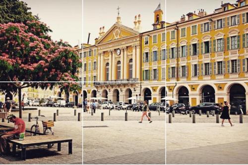 two pictures of a city street with a building at Hôtel Le G (ex Le Genève) in Nice