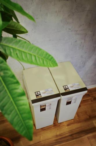 two boxes sitting on the floor next to a plant at Yamato Family House - 2 Floors | 3 bedrooms in Osaka