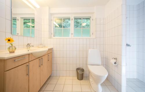 a white tiled bathroom with a toilet and a sink at Snowwhites House in Borre