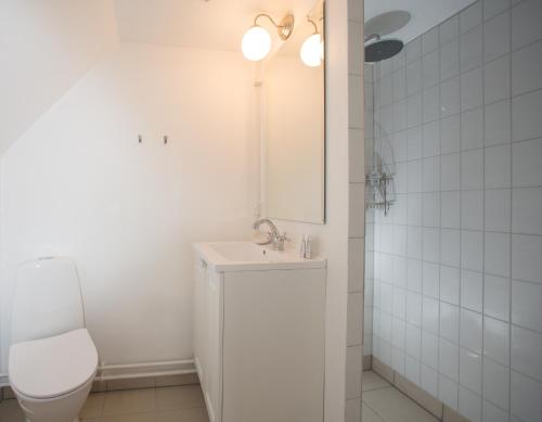 La salle de bains est pourvue de toilettes, d'un lavabo et d'un miroir. dans l'établissement Søndergård, à Borre