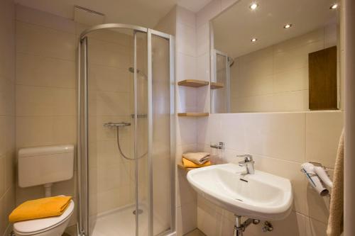 La salle de bains est pourvue d'une douche, d'un lavabo et de toilettes. dans l'établissement Obinghof, à Söll