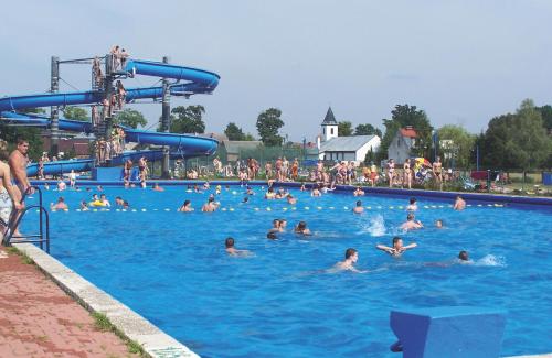 a group of people swimming in a swimming pool at HOSTEL SUCHY BÓR in Suchy Bór