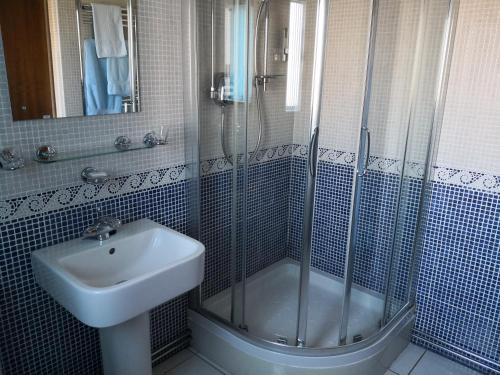 a bathroom with a shower, sink, and mirror at Forge Motel & Firehouse Restaurant in St Clears