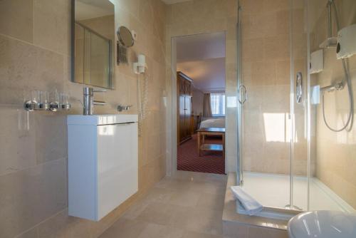 y baño con ducha y lavamanos. en Hotel The Lord en Gante