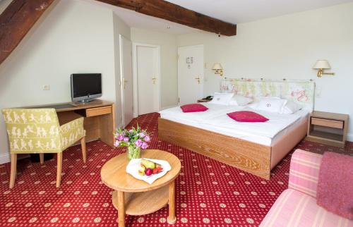 a hotel room with a bed and a television at Romantik Parkhotel Wasserburg Anholt in Isselburg