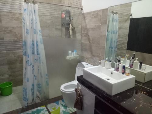 een badkamer met een wastafel, een toilet en een spiegel bij Homestay Syariah Cileunyi, Bandung Timur in Bandung