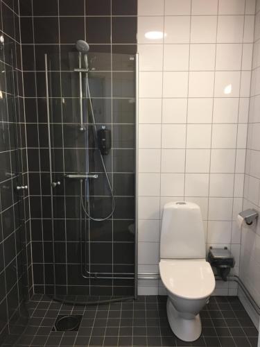 a bathroom with a shower and a white toilet at ÖMC Kurshotell in Öckerö