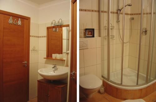 Duas fotografias de uma casa de banho com um chuveiro e um lavatório. em Haus Harbauer em Neustift im Stubaital