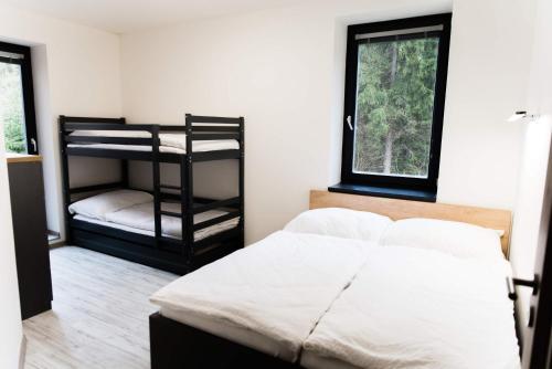 1 Schlafzimmer mit einem Etagenbett und 2 Fenstern in der Unterkunft Apartment Mumlava Harrachov 5 in Harrachov