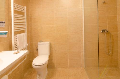 Un baño con inodoro y ducha de cristal. en Hotel Arha Potes & Spa, en Potes