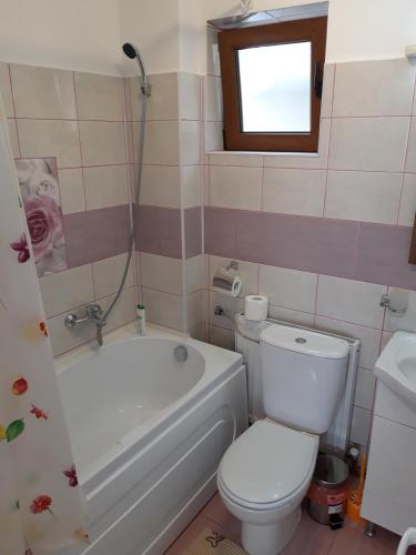 a bathroom with a toilet and a tub and a sink at Vila Lavinia in Buşteni