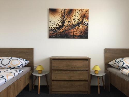 a bedroom with two beds and a painting on the wall at Apartmány Miromar in Podivín