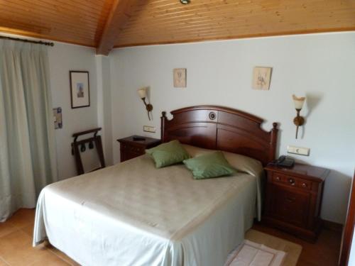 a bedroom with a large bed and a wooden ceiling at Hotel Esther in La Virgen de la Vega