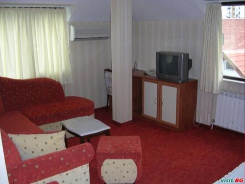 a living room with a couch and a tv at ХОТЕЛ НИК in Asenovgrad