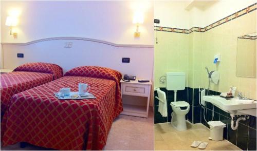 two pictures of a hotel room with a bed and a sink at Fashion Hotel in Valmontone
