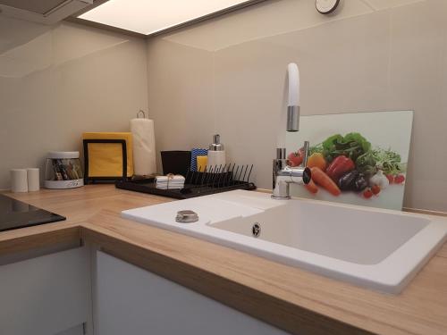 a kitchen with a sink with a picture of vegetables at A.G-Apartamenty Warszawa Centrum in Warsaw