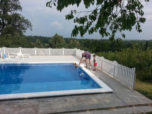 a man and a child playing with a dog in a pool at Teo-Sport in Cerovac