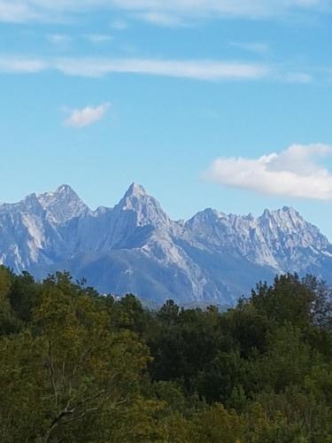 a view of a mountain range with trees in the foreground at Agriturismo La Selva in Aulla