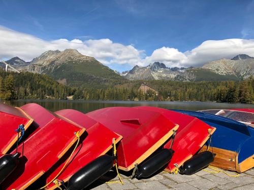a row of boats on a lake with mountains in the background at Apartment Tatry - spacious 3BD, Netflix & fast internet in Tatranska Strba
