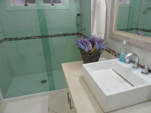 a bathroom with a sink and a glass shower at Refugio Fofo - casa de temporada in Campos do Jordão