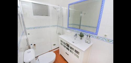 een badkamer met een toilet, een wastafel en een spiegel bij Garda in Santa Pola