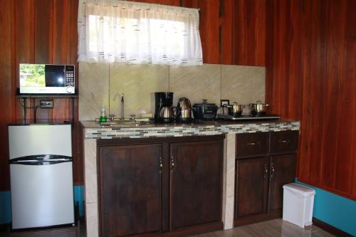 a kitchen with wooden cabinets and a counter top with a microwave at Cabañas Sueños del Arenal in Fortuna