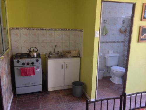 a kitchen with a stove and a sink and a toilet at Cota6000 Expediciones Dpto A in San Pedro de Atacama