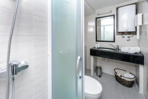 W łazience znajduje się toaleta, umywalka i lustro. w obiekcie Rooms Andro w Dubrowniku