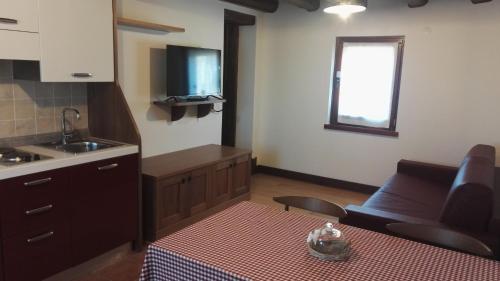 - une cuisine avec un canapé, un évier et une table dans l'établissement Agriturismo San Gallo, à Strassoldo